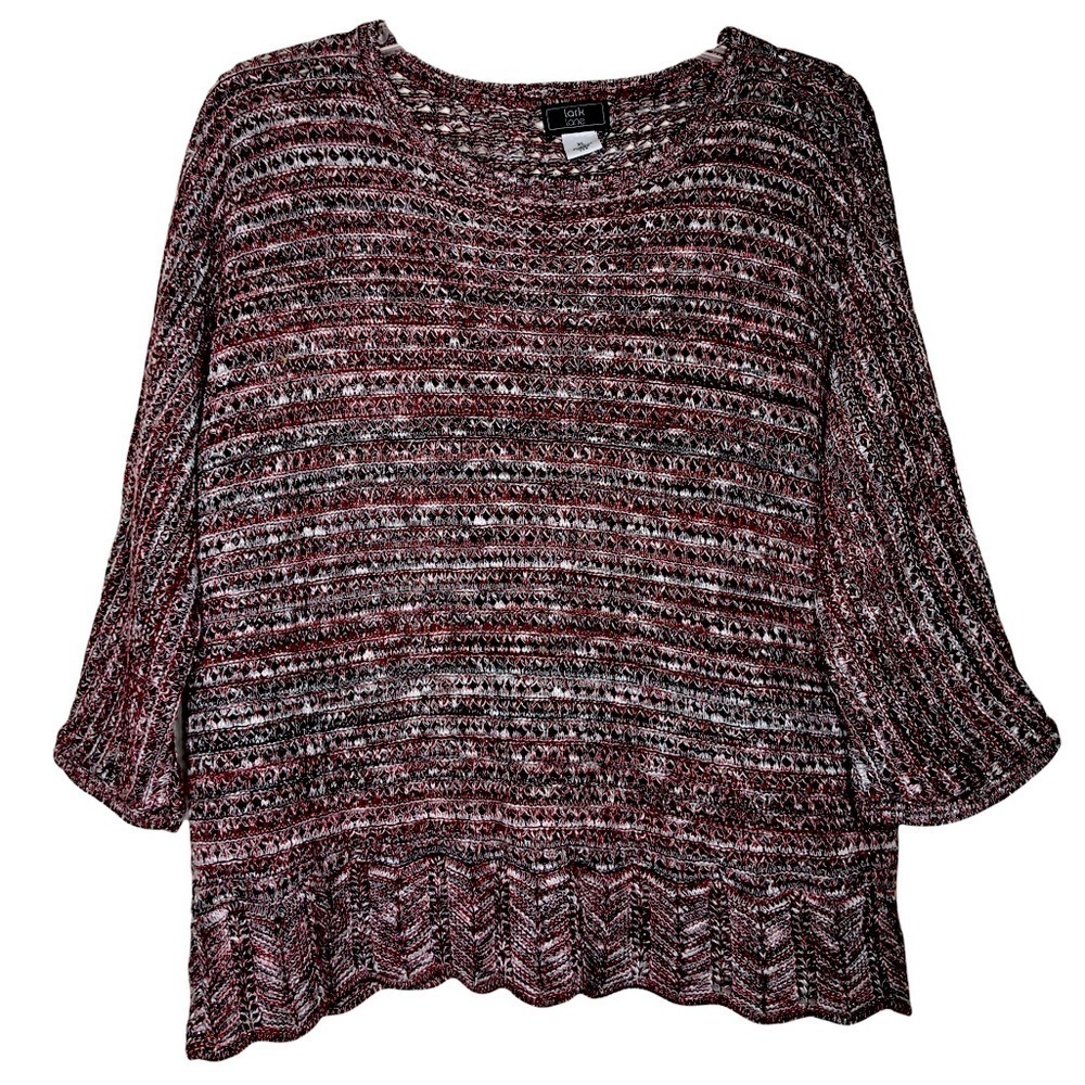 Lark LANE - Red, Black and Silver Crocheted 3/4-Length Sleeve Sweater - Size XL